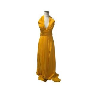 RYANTH Marigold Yellow Halter Gown V-Neck Crisscross Back Maxi Dress NEW